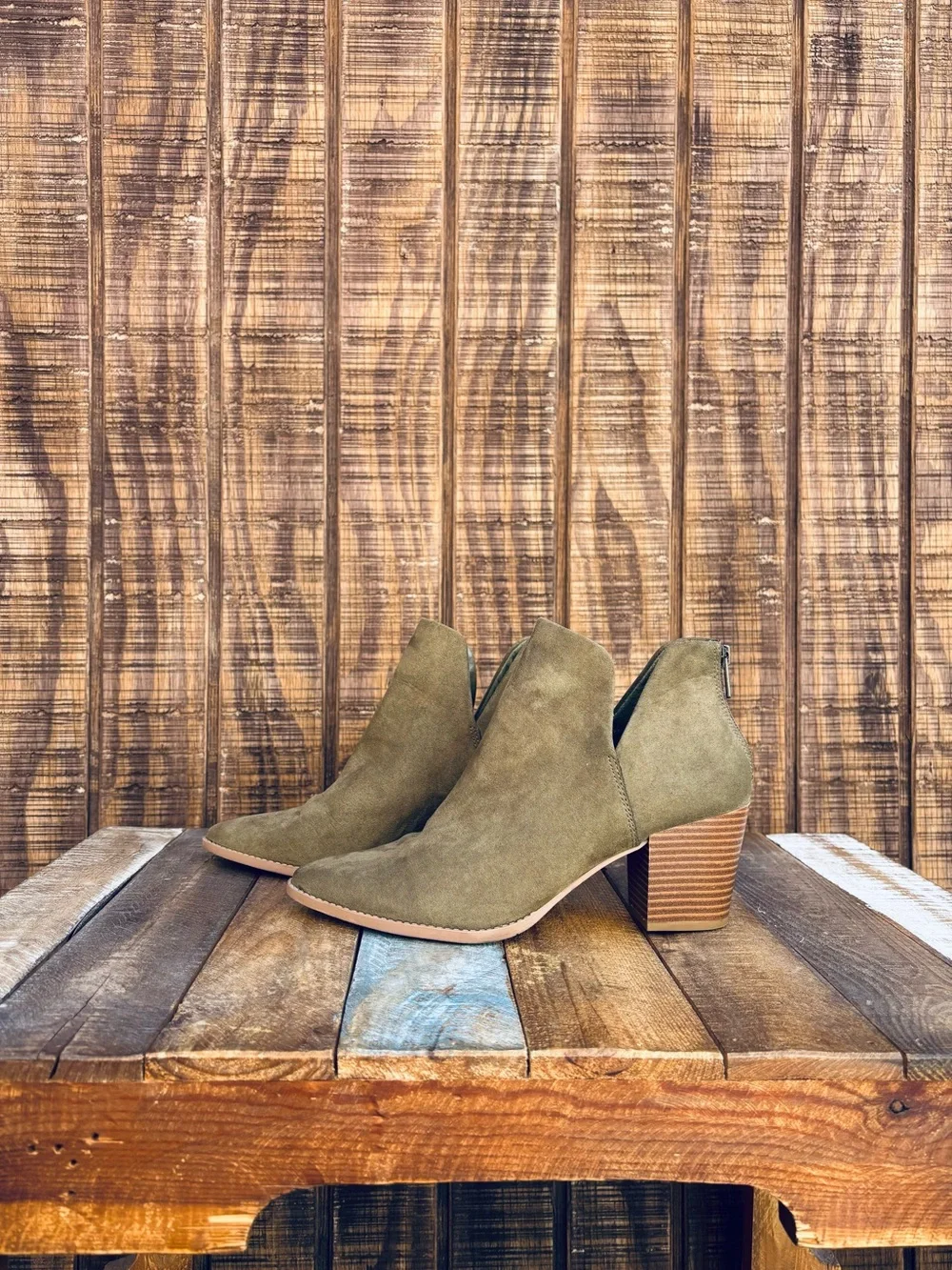 Sun + Stone Olive Green Suede Ankle Boots